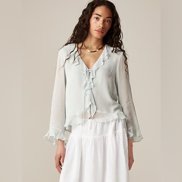 J. Crew Women's Stormy Seafoam Ruffle Tie-Front Top in Chiffon, Size 0 - Picture 1 of 9